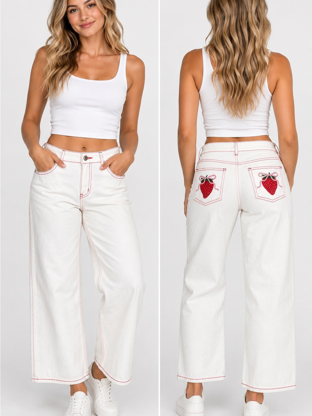 Edikted White Wide-Leg Jeans with Red Strawberry Appliqué